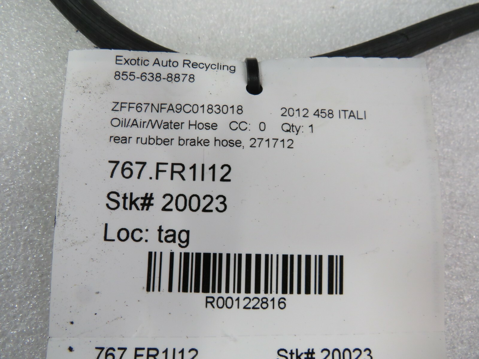 Ferrari 458 Italia, Rear, Rubber Brake Hose/Line, Used, P/N 271712