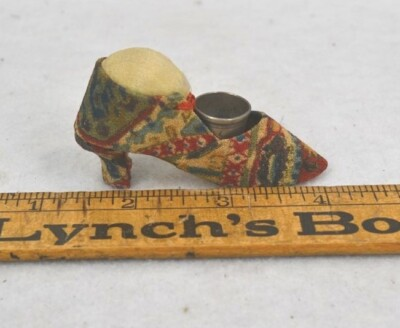 #ad sewing pin cushion miniature high heel fabric shoe 2.75 w thimble antique $79.00