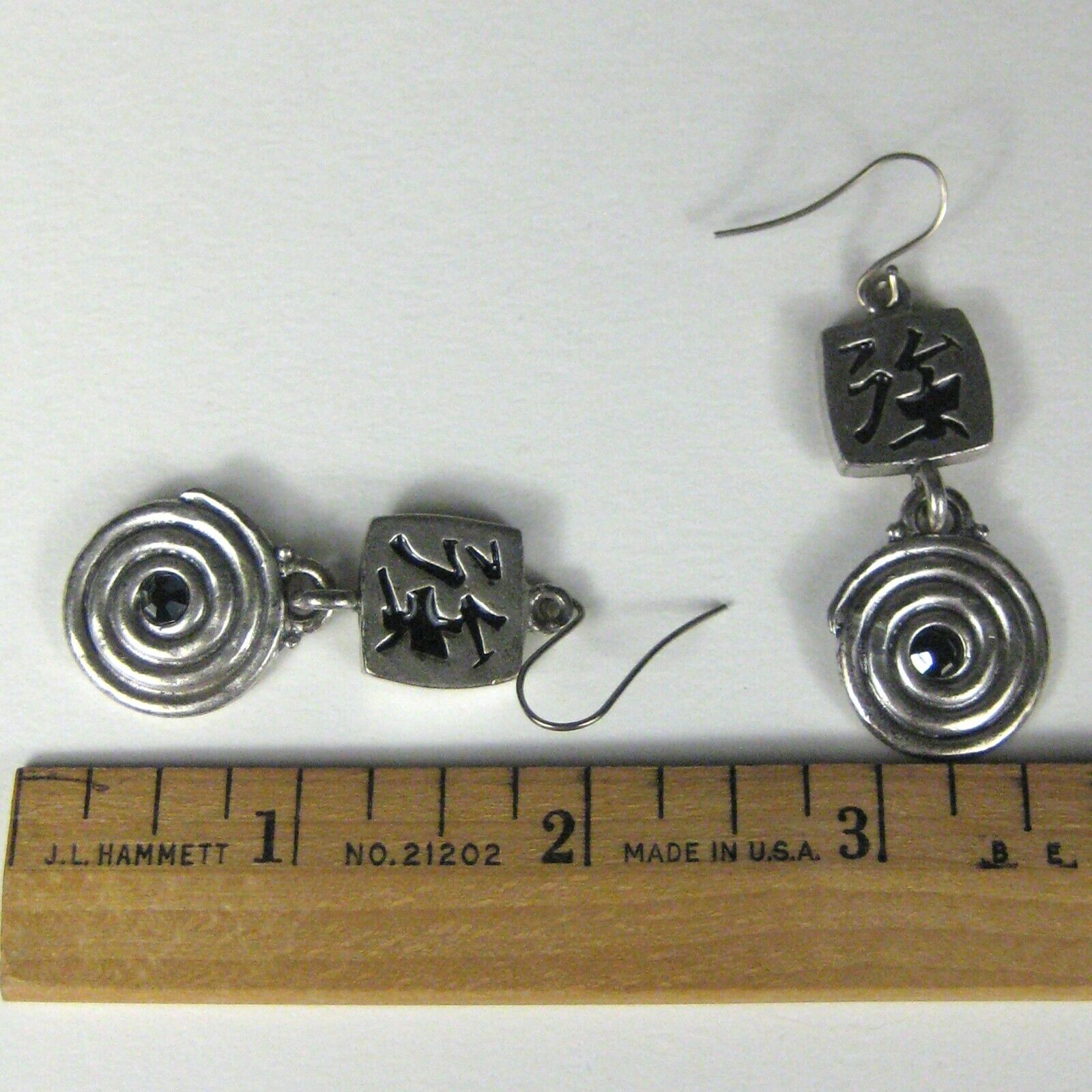 Silvertone Dangle Earrings Rhinestone Chinese Cha… - image 5