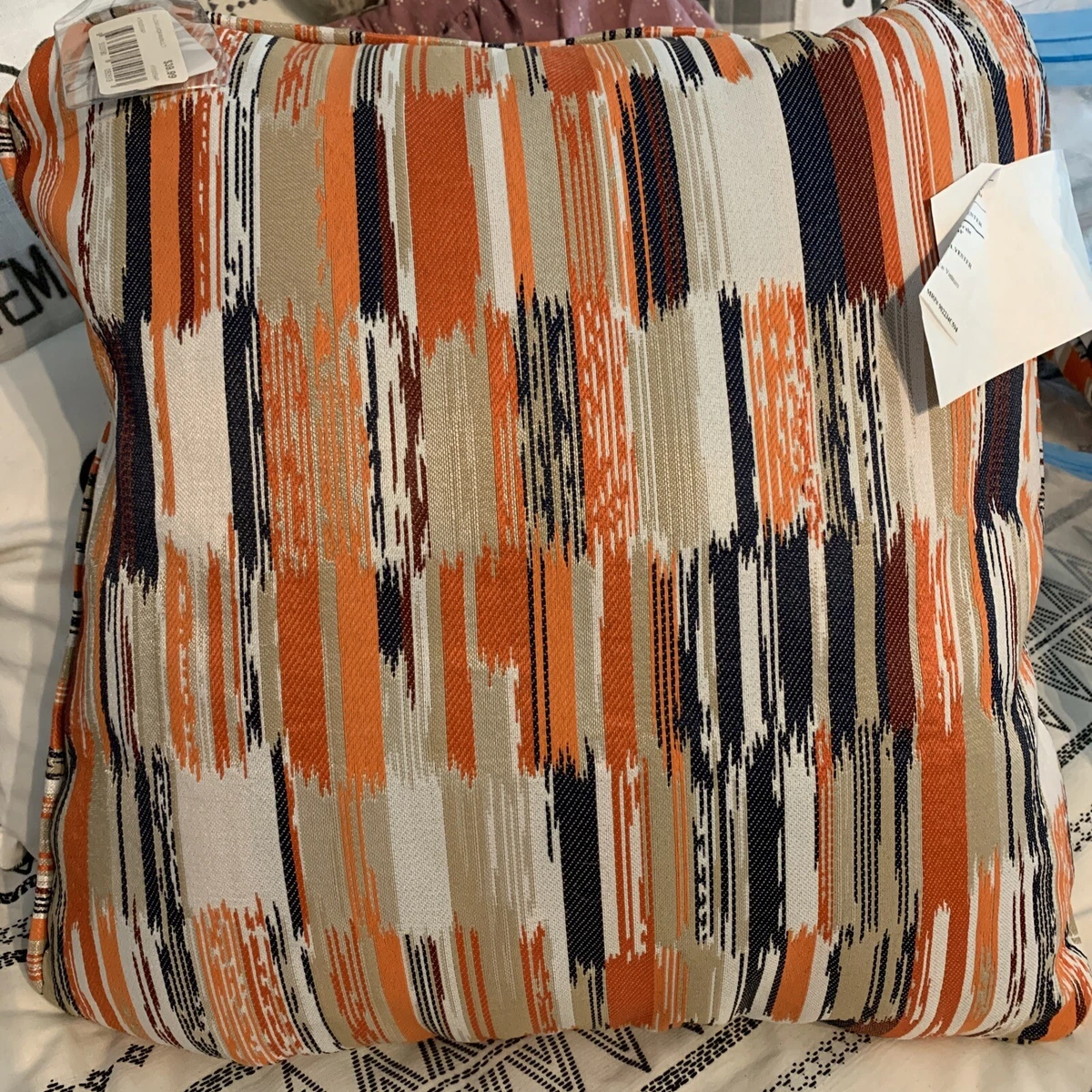 Ashley Furniture Navy Orange Tan Cream Tapestry Woven Decor Pillow