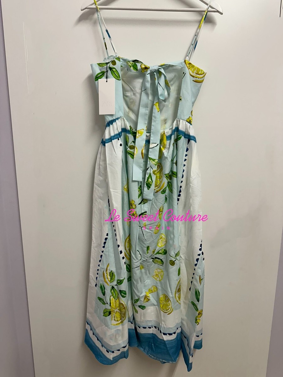 ZARA WOMAN NWT SS25 LEMON PRINT POPLIN DRESS BLUE YELLOW
