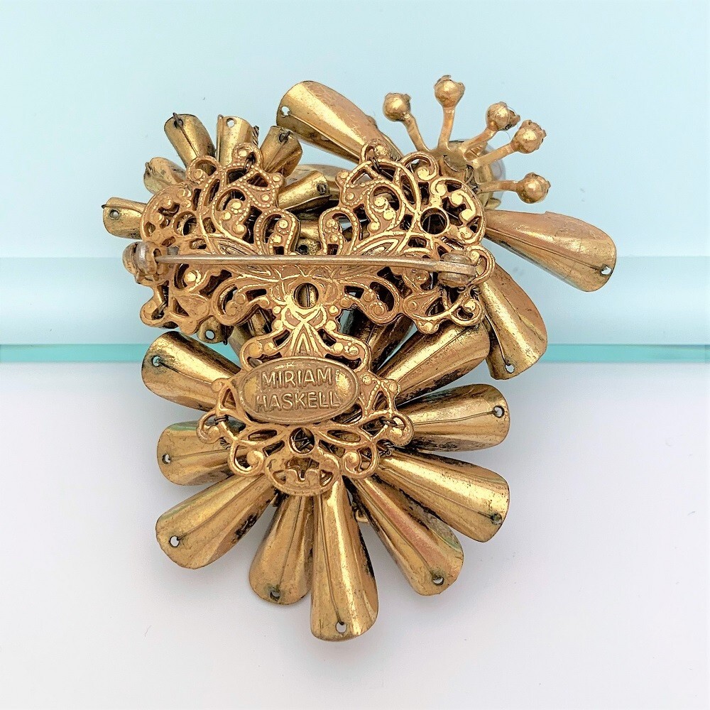 Vintage Signed Miriam Haskell Triple Flower Brooch w/ Clear