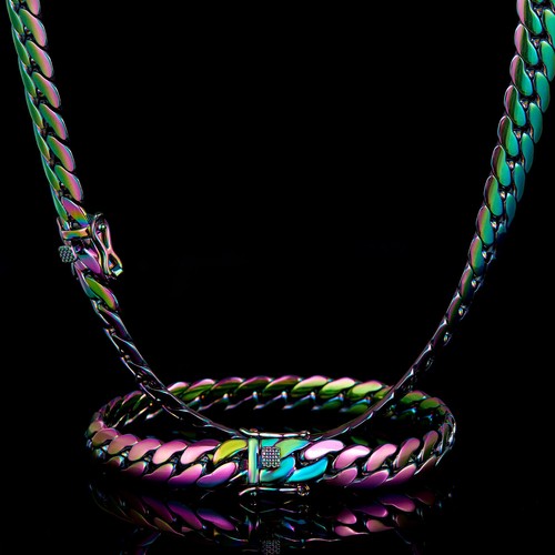 10mm Men's Miami Cuban Link Bracelet Chain Colorful Stainless Steel Necklace - Picture 2 of 8