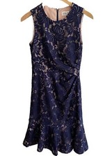 Eliza J Midi Dress Women's Size 2 Navy Sleeveless Lace Back Zip Lined Ruffle Hem