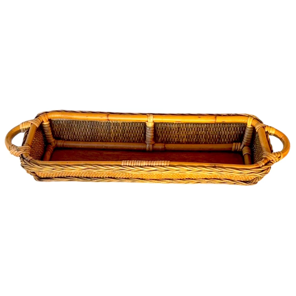 Large Sturdy Vintage Handcrafted Rattan Bamboo Basket Tray 23” Rustic Farmhouse  - Image 3 of 4