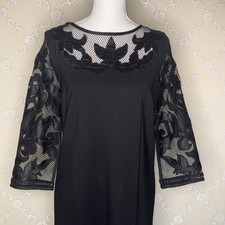 Chico’s Black Solid/Floral Lace Unlined Semi Sheer Shift/Sheath Dress Size 6 LBD