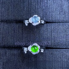 Certified natural A-grade jadeite plump round bead 925silver flower inlaid ring
