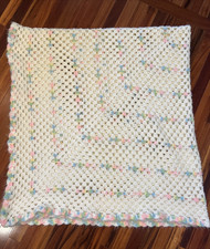Hand-Crochet Pink Blue White Square Baby Blanket Afghan Throw 74" x 74"