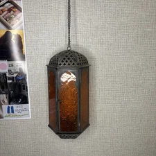 Vintage Orange Glass Moroccan-Style Candle Tea Light Holder Lamp Brass Boho