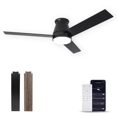 52-Inch Flush Mount Ceiling Fan, Low Profile Ceiling Fan With Light, Matte Bl...