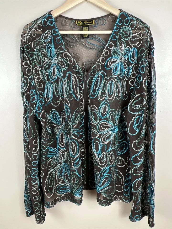 Blusa romántica boho con apliques florales transparentes con cremallera de malla marrón XL Mirasol para mujer Foto 2 de 4