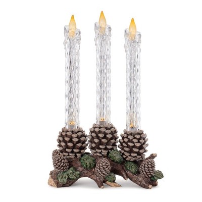 LED Taper Candle with Pine Branch and Pinecone Base 15.5''H