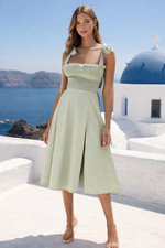 NWT House Of CB Carmella Midi in Sage Green Smocked Tie Strap Tank Dress XS