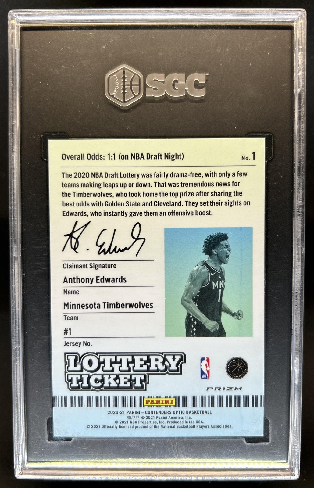 2020-21 Panini Contenders Optic Anthony Edwards Lottery Ticket RC #1 SGC 10 view 2