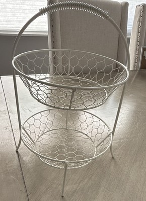 2-Tier Round Metal Wire Fruit Basket Stand with Handle, Silver, 12 in Dia