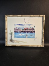 Acquerello vintage litografia Huctchison arte spiaggia tropicale tema oceano firmato incorniciato 