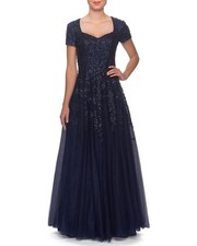La Femme Sweetheart Tulle Short-Sleeve Gown with Lace Applique Sz 12 Navy 498
