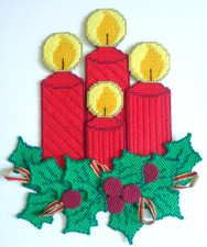 VTG Needlepoint Red Candle Wall Hanging Holly Christmas Completed Canvas Yarn