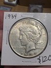 1934 Peace Silver Dollar, EF, Better Date, Gold Tones In Reverse