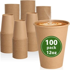 100 Count 12 oz Brown Paper Cups, Brown Disposable Coffee Cups for Hot/Cold Drin