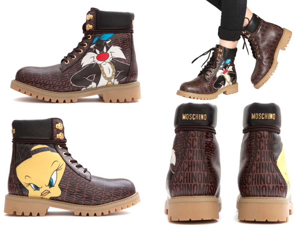 MOSCHINO DEADSTOCK LOONEY TUNES TWEETY COMBAT ANKLE HIKING BOOTS SCHUHE SHOES 40