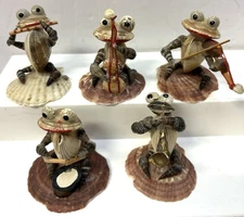 Vintage Sea Shell Frog Figures x5 w/ Instruments Jazz Big Band Handmade Japan