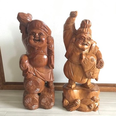 Wood Carving Daikokuten & Ebisu Lucky Ornament Japanese Folk Art Hanayama
