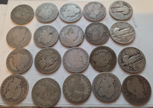 17 x Barber Quarters 90% Silver + 3 Standing Liberty 5$ Face Value COIN #3
