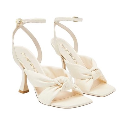 Stuart Weitzman Womens Playa 100 Knot Sandals US 9.5 White Leather Heels NIB
