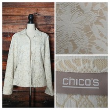 Chicos Jacket Size 2 US Large Open Front Tan White Floral Jacquard Knit Pockets