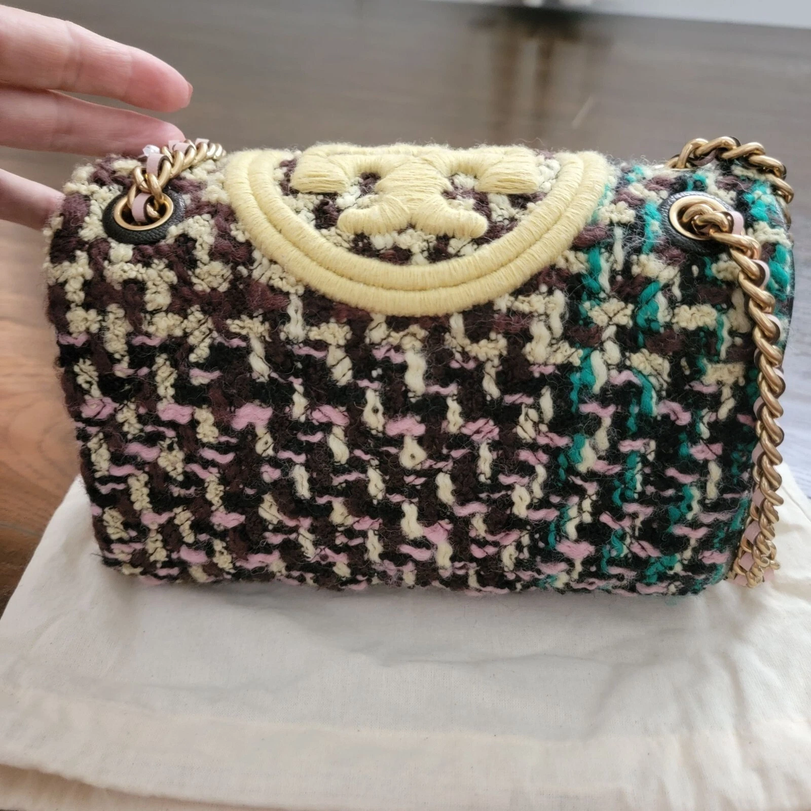 Borsa a tracolla convertibile Tory Burch Fleming tweed marrone giallo burro designer