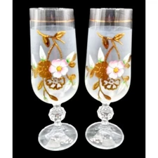 Crystalex Champagne Flutes Bohemia Pink Flower Gold Gild Colored Crystal Vintage