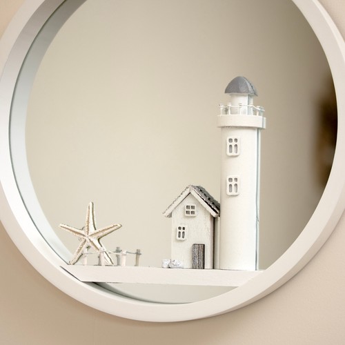 White Lighthouse Wall Mirror Round Wood Nautical Coastal House Bathroom Decor - Picture 2 of 4