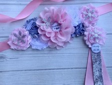 Pink Silver Snowflake Maternity Sash / Baby Shower Sash And Daddy To Be Corsage