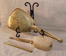 3 Piece VTG Mirror, Brush, Comb Vanity Set Gold Plated Art Deco