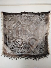vintage fabulous taj mahal WWII silk piano shawl brocade scarf fringes it1253