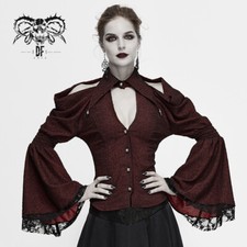 Gothic Women Lace Victorian Blouse Flare Sleeve Steampunk Slim Casual Shirts