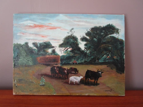 Tableau huile sur toile Paysage champêtre vaches  signé Joseph CREN