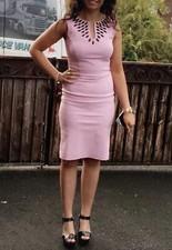 Hybrid Pink Sleeveless V Neck Pencil Dress With Black Beading 