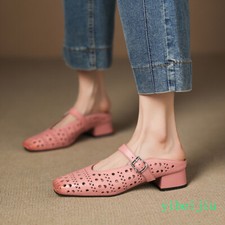 Women's Hole Eyelet Hollow Out Real Leather Slippers Sandals Mules Slides Shoes