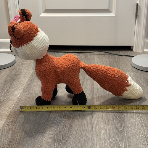 Crochet Knitted Orange Fox Pink White Bow Handmade Plush Toy Doll Large Stuffy - Picture 8 of 10