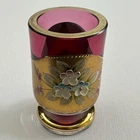 Murano Cranberry Glass Italy Toothpick Holder 24KT Gold Gilt Hand Painted