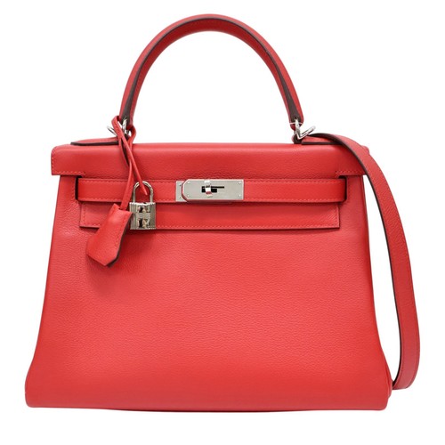 HERMES Kelly 28 Shoulder Handbag Red Evercolor Leather Palladium Plated Hardware