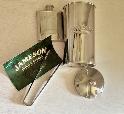 Jameson Irish Whiskey Flask 2.5oz + Shaker Stainless Steel Barware Collectible