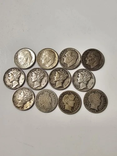 Mixed Lot of 12 Pre-1964 U.S. Silver Dimes, Barber Mercury Roosevelt, Free Ship