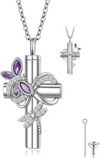 Sterling Silver Purple Crystal Butterfly Cremation Cross Urn Necklaces for Ashes