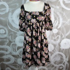 NASTY GAL Wmns Sz 4 Black Floral Gold Babydoll Dress Puff Sleeve Boho Tweecore