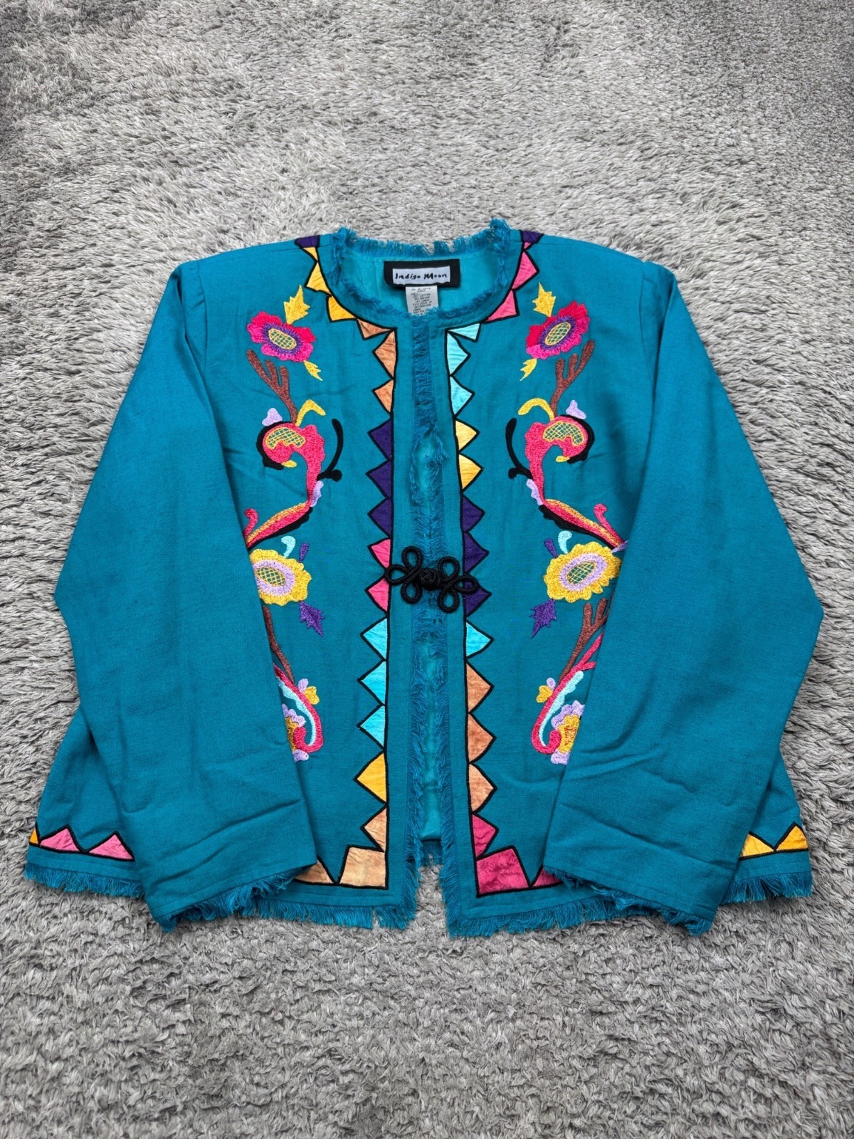 Indigo Moon Jacket Women XL Teal Linen Floral Embroidered Fringe Artsy Cardigan