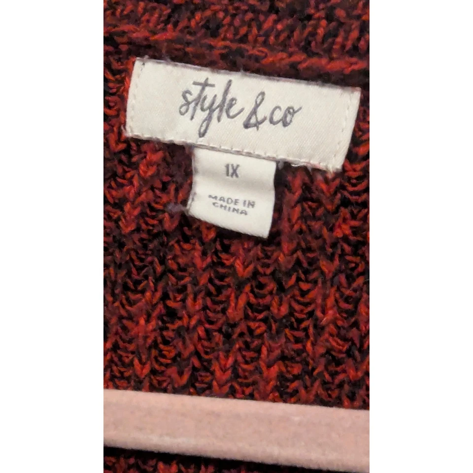Style & Co Womens Pullover Sweater 1X Red Black Button Cowl Neck Long Sleeve - Image 3 of 4