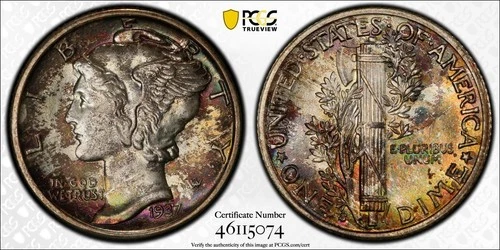 1937-S Mercury 10c Silver Dime MS67 PCGS Gold Shield TONED